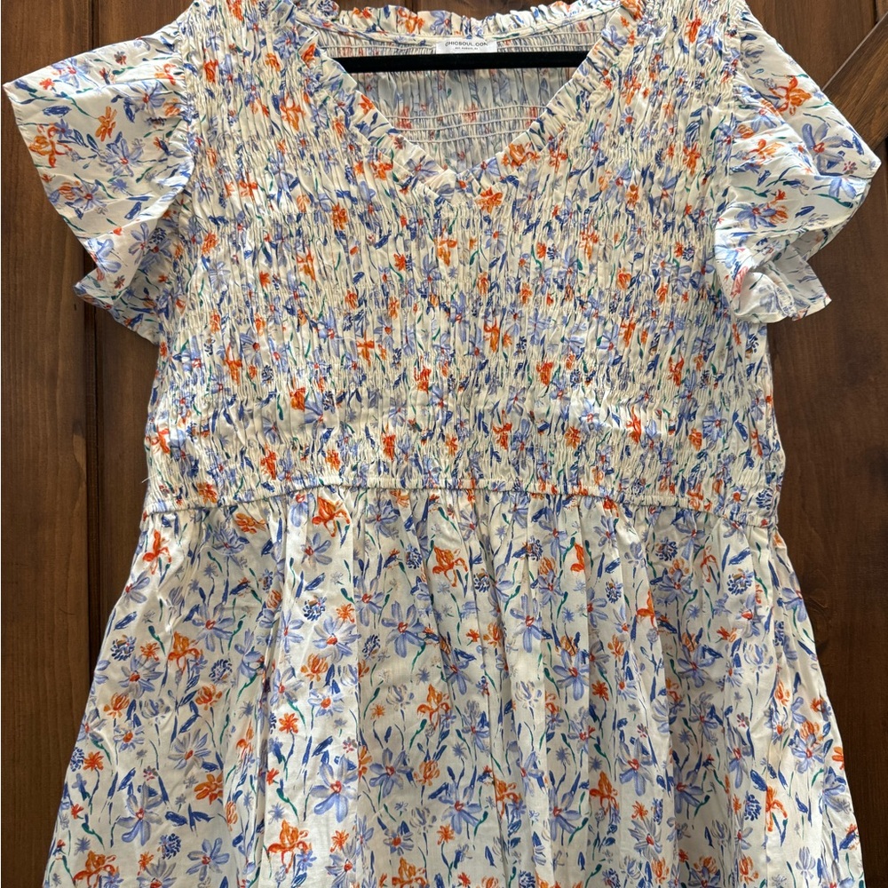 Chic Soul Floral Blouse with Orange and Blue Accents